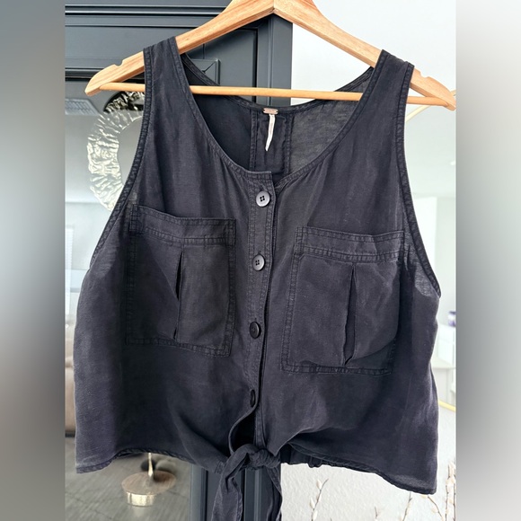 Free People Tops - Free People Washed Black Linen Blend Sleeveless Blouse